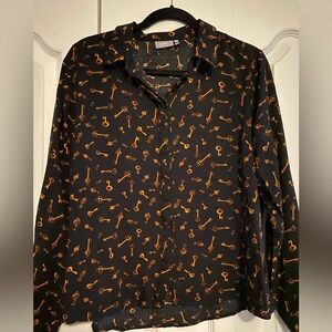 Women's Black Button Down Shirt with Gold Key Print